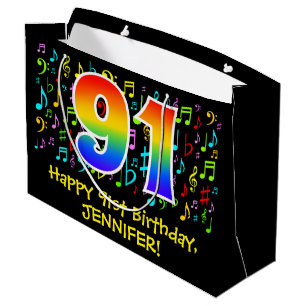 91st Birthday - Colourful Music Symbols, Rainbow 9 Large Gift Bag
