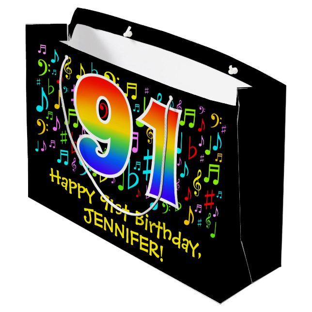 91st Birthday - Colourful Music Symbols, Rainbow 9 Large Gift Bag (Back Angled)
