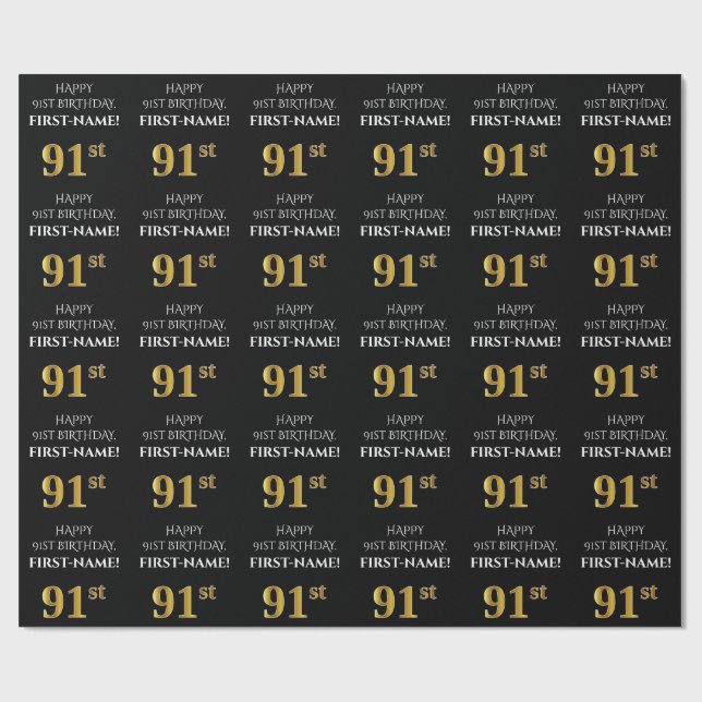 91st Birthday: Elegant, Black, Faux Gold Look Wrapping Paper (Flat)