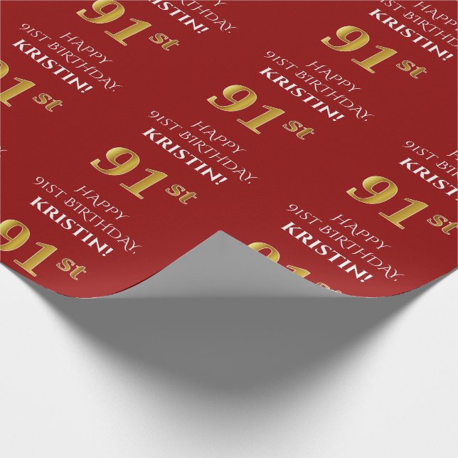 91st Birthday: Elegant, Red, Faux Gold Look Wrapping Paper (Corner)
