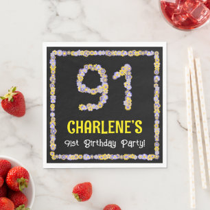 91st Birthday: Floral Flowers Number, Custom Name Napkin