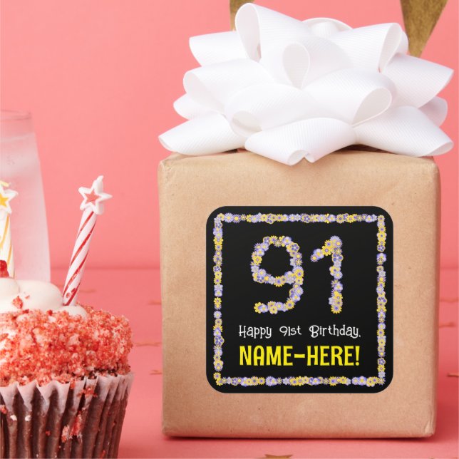 91st Birthday: Floral Flowers Number, Custom Name Square Sticker (Party)