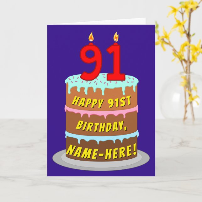 91st Birthday: Fun Cake and Candles + Custom Name Card (Yellow Flower)