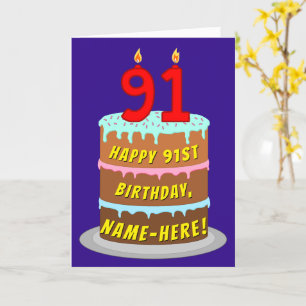 91st Birthday: Fun Cake and Candles + Custom Name Card