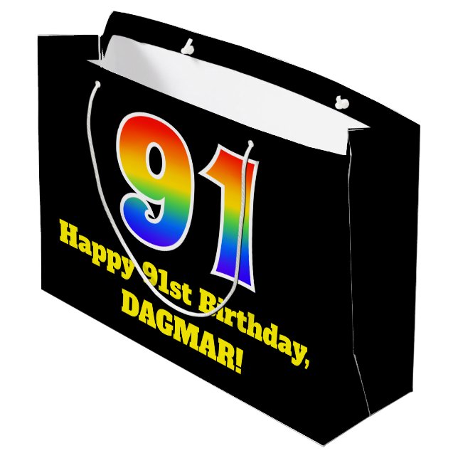 91st Birthday ~ Fun, Colourful, Vibrant, Rainbow 9 Large Gift Bag (Back Angled)
