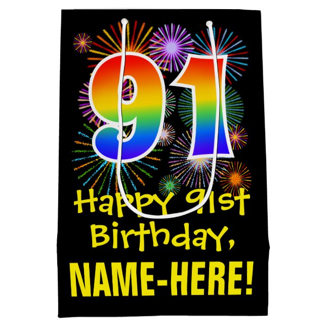 91st Birthday: Fun Fireworks Pattern + Rainbow 91 Medium Gift Bag (Back)