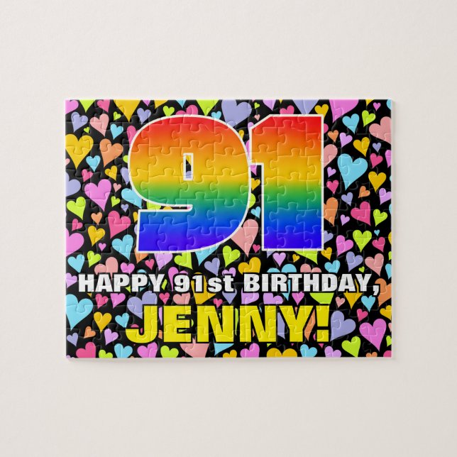 91st Birthday — Fun, Loving Heart Shapes + “91” Jigsaw Puzzle (Horizontal)