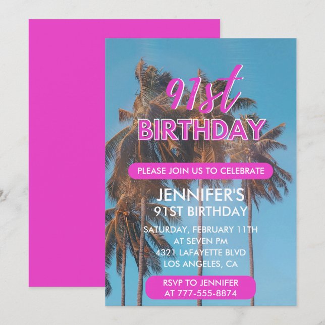 91st birthday invitation Summer Pink Palm tree (Front/Back)