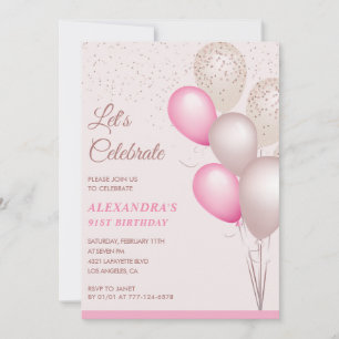 91st birthday invitations Pink Balloons Confetti