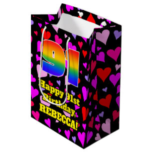 91st Birthday: Loving Hearts Pattern, Rainbow # 91 Medium Gift Bag