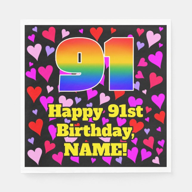 91st Birthday: Loving Hearts Pattern, Rainbow # 91 Napkin (Front)