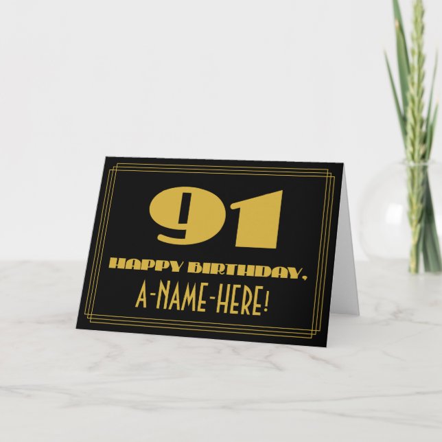 91st Birthday: Name + Art Deco Inspired Look "91" Card (Front)
