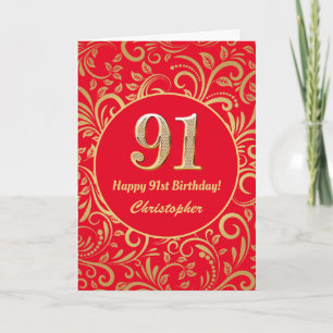 91st Birthday Navy Red and Gold Floral Pattern Card