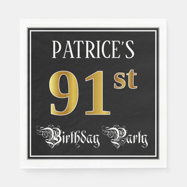 91st Birthday Party — Fancy Script, Faux Gold Look Napkin (Front)