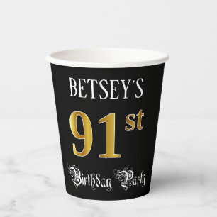 91st Birthday Party — Fancy Script, Faux Gold Look Paper Cups