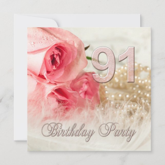 91st Birthday party invitation, roses and pearls Invitation (Front)