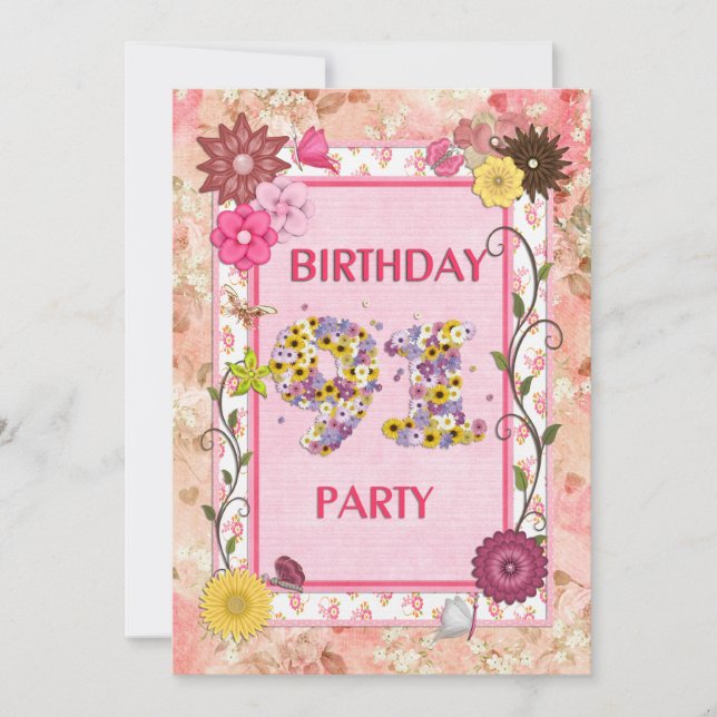 91st birthday party invitation with floral frame (Front)