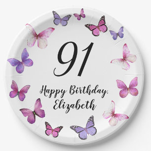 91st Birthday Pink Purple Butterflies Paper Plate