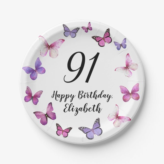 91st Birthday Pink Purple Butterflies  Paper Plate (Front)