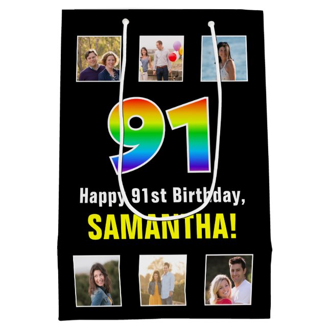 91st Birthday: Rainbow “91“, Custom Photos & Name Medium Gift Bag (Back)