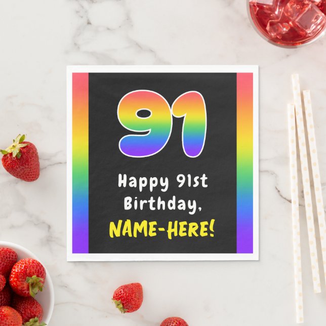 91st Birthday: Rainbow Spectrum # 91, Custom Name Napkin (Insitu)