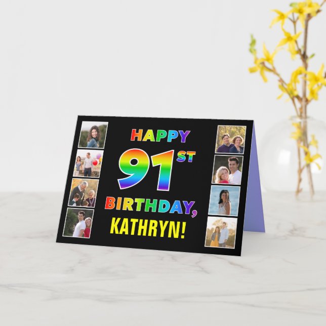 91st Birthday: Rainbow Text, Custom Photos & Name Card (Yellow Flower)