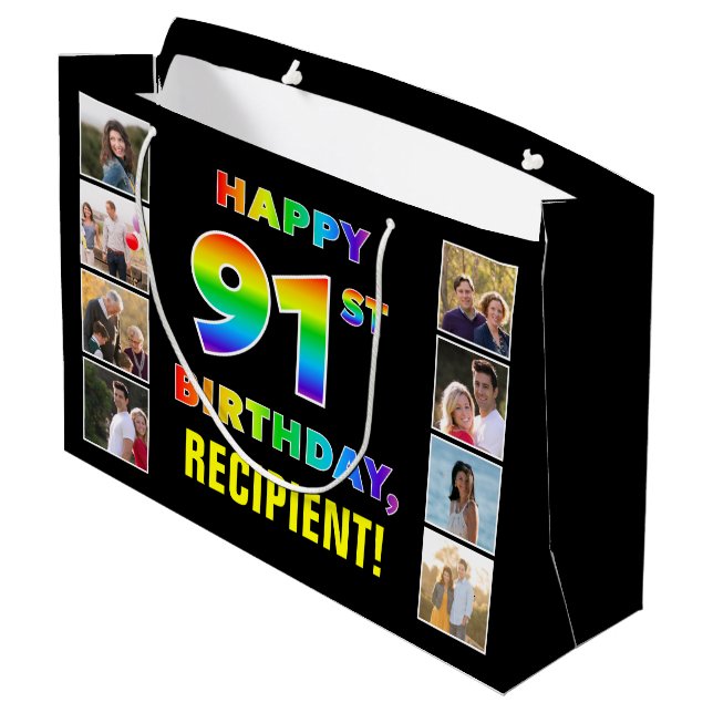 91st Birthday: Rainbow Text, Custom Photos & Name Large Gift Bag (Back Angled)