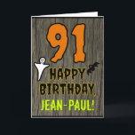 91st Birthday: Spooky Halloween Theme, Custom Name Card<br><div class="desc">The front of this spooky and scary Halloween birthday themed greeting card design features a large number "91" and the message "HAPPY BIRTHDAY, ", plus an editable name. There are also depictions of a bat and a ghost on the front. The inside features a customized birthday greeting message, or could...</div>