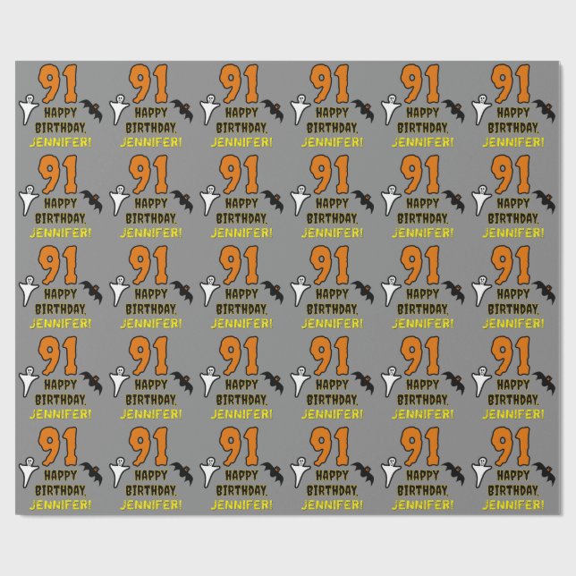 91st Birthday: Spooky Halloween Theme, Custom Name Wrapping Paper (Flat)
