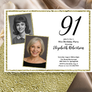91st Custom Photo White and Gold Invitation