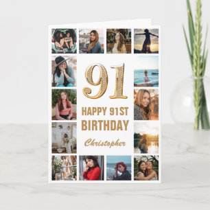 91st Happy Birthday Gold and White Photo Collage Card