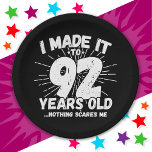 92 Year Old Sarcastic Meme Funny 92nd Birthday Paper Plate<br><div class="desc">This funny 92nd birthday design makes a great sarcastic humour joke or novelty gag gift for a 92 year old birthday theme or surprise 92nd birthday party! Features 'I Made it to 92 Years Old... Nothing Scares Me' funny 92nd birthday meme that will get lots of laughs from family, friends,...</div>