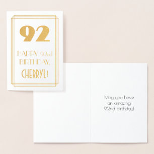 92nd Birthday: Art Deco Inspired Look "92" & Name Foil Card