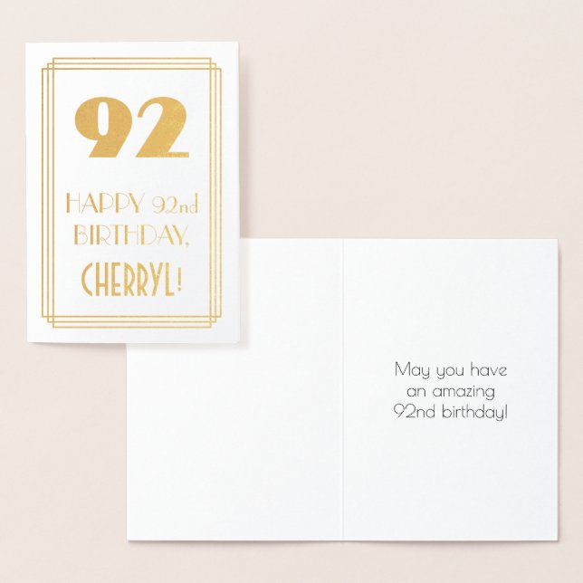 92nd Birthday: Art Deco Inspired Look "92" & Name Foil Card (Display)