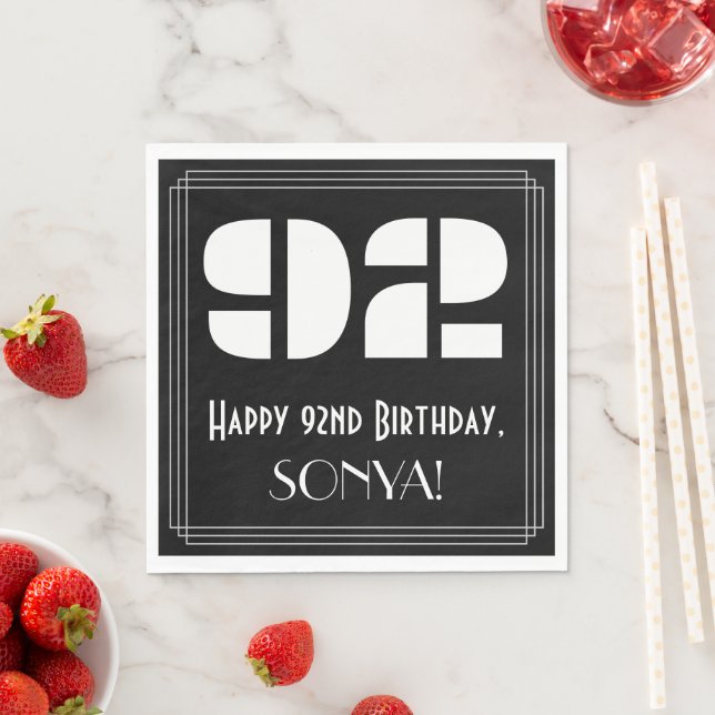 92nd Birthday: Art Deco Inspired Look "92" + Name Napkin (Insitu)