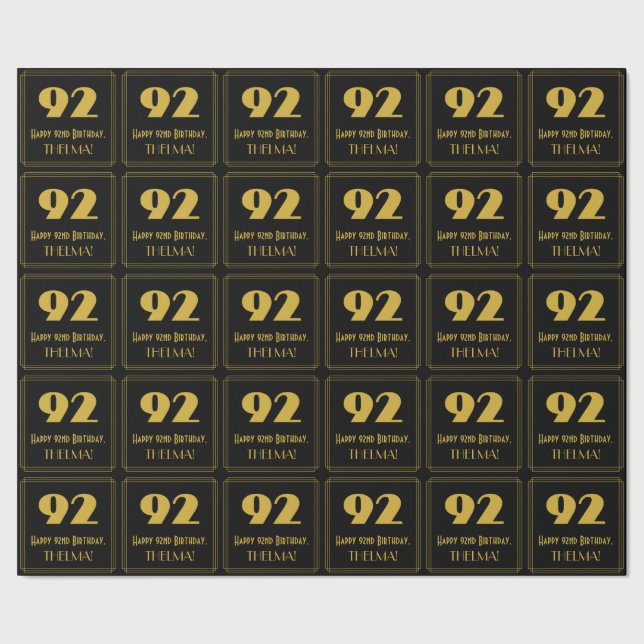 92nd Birthday – Art Deco Inspired Look "92" & Name Wrapping Paper (Seam)