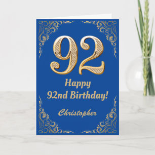 92nd Birthday Blue and Gold Glitter Frame Card