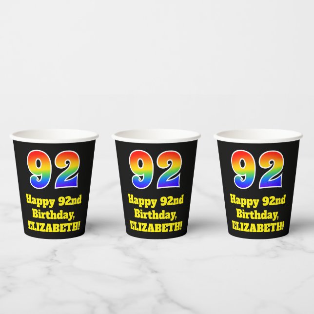 92nd Birthday: Colourful, Fun, Exciting, Rainbow 9 Paper Cups (Multi)