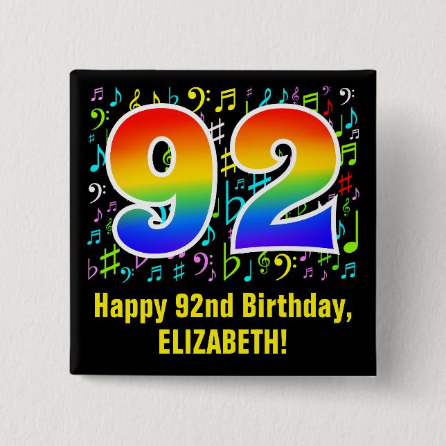92nd Birthday: Colourful Music Symbols, Rainbow 92 15 Cm Square Badge (Front)
