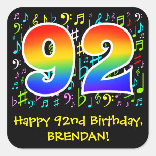 92nd Birthday: Colourful Music Symbols, Rainbow 92 Square Sticker