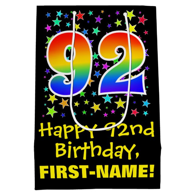 92nd Birthday: Colourful Stars Pattern & Rainbow 9 Medium Gift Bag (Back)