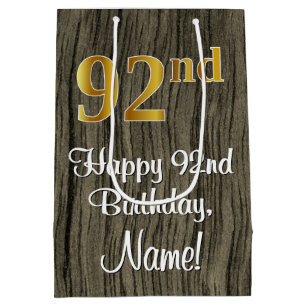 92nd Birthday: Elegant Faux Gold Look #, Faux Wood Medium Gift Bag