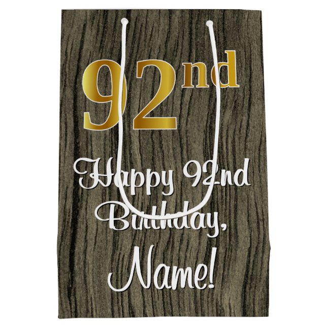 92nd Birthday: Elegant Faux Gold Look #, Faux Wood Medium Gift Bag (Back)
