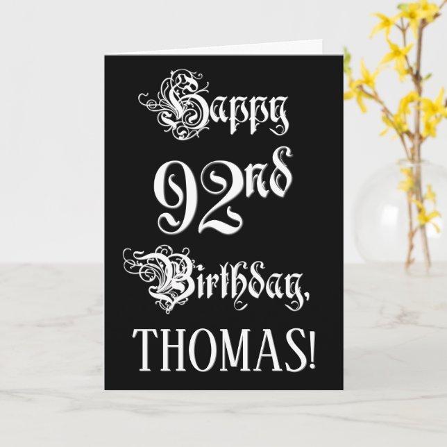92nd Birthday: Fancy, Elegant Script + Custom Name Card (Yellow Flower)