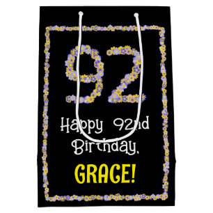 92nd Birthday: Floral Flowers Number, Custom Name Medium Gift Bag