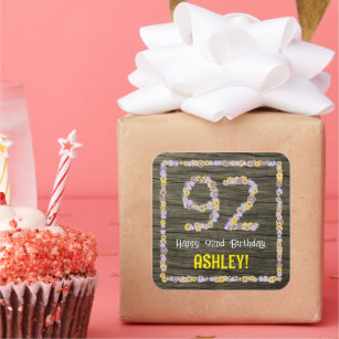 92nd Birthday: Floral Number, Faux Wood Look, Name Square Sticker