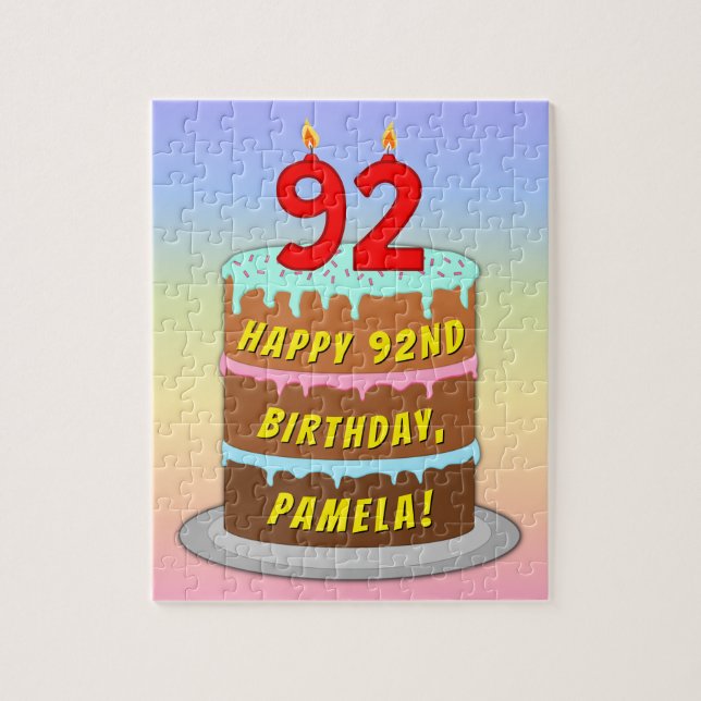 92nd Birthday: Fun Cake and Candles + Custom Name Jigsaw Puzzle (Vertical)