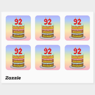 92nd Birthday: Fun Cake and Candles + Custom Name Square Sticker