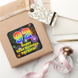 92nd Birthday: Fun Fireworks Look, Rainbow # 92 Square Sticker