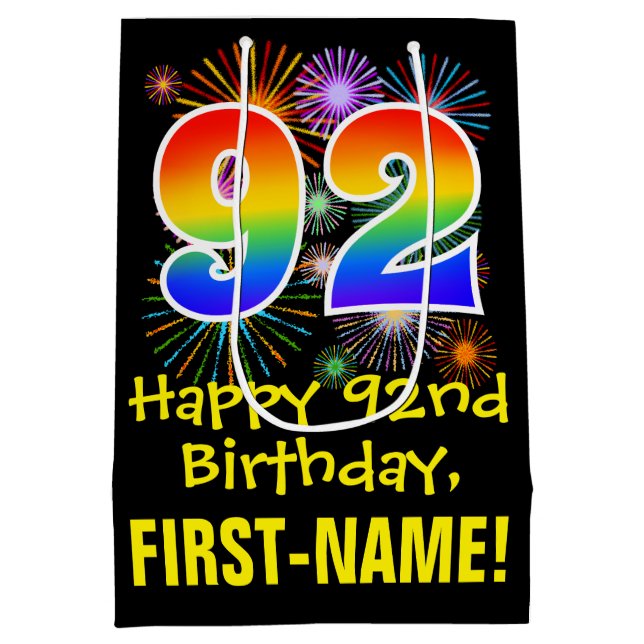 92nd Birthday: Fun Fireworks Pattern + Rainbow 92 Medium Gift Bag (Back)